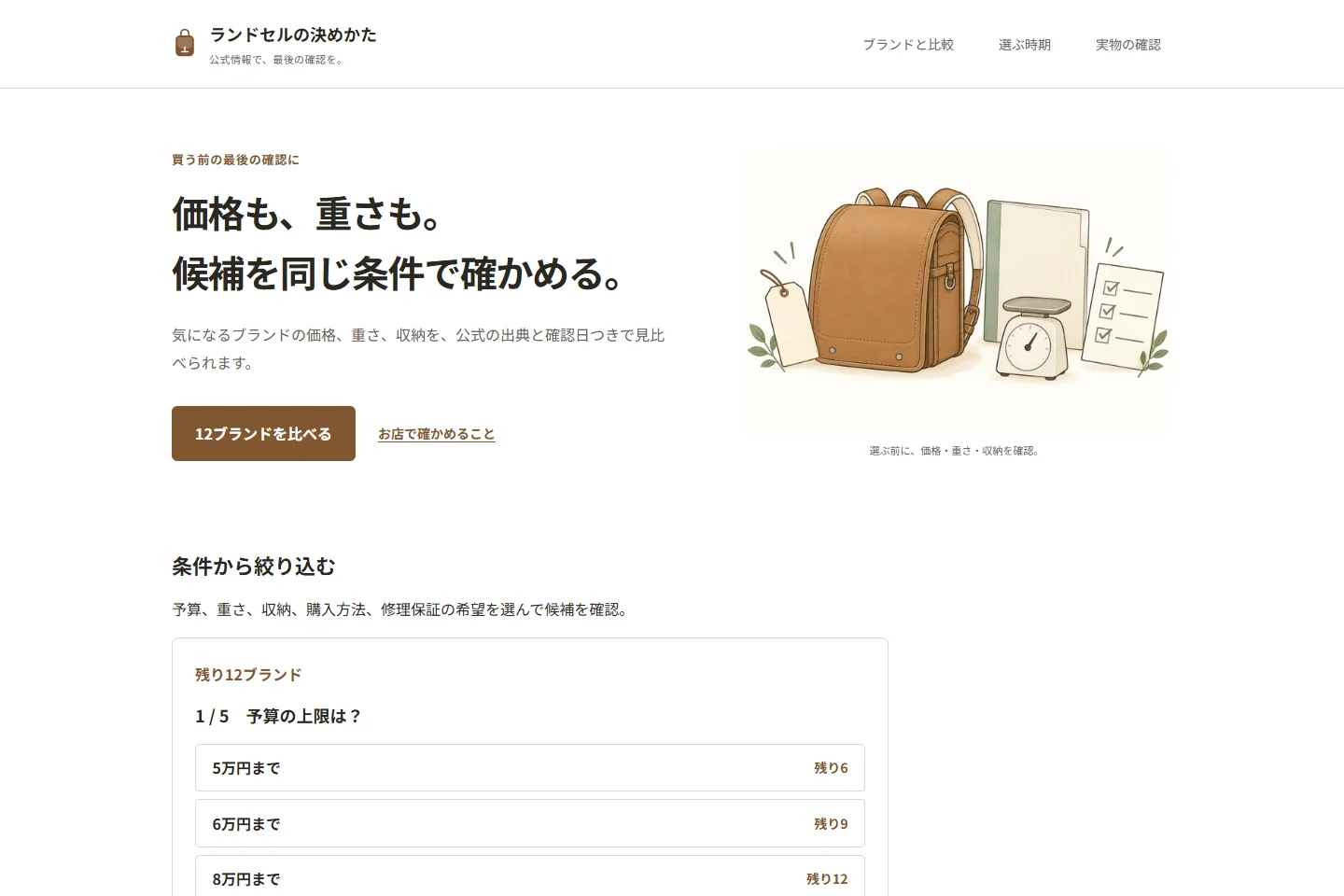 ランドセルの決めかたの画面